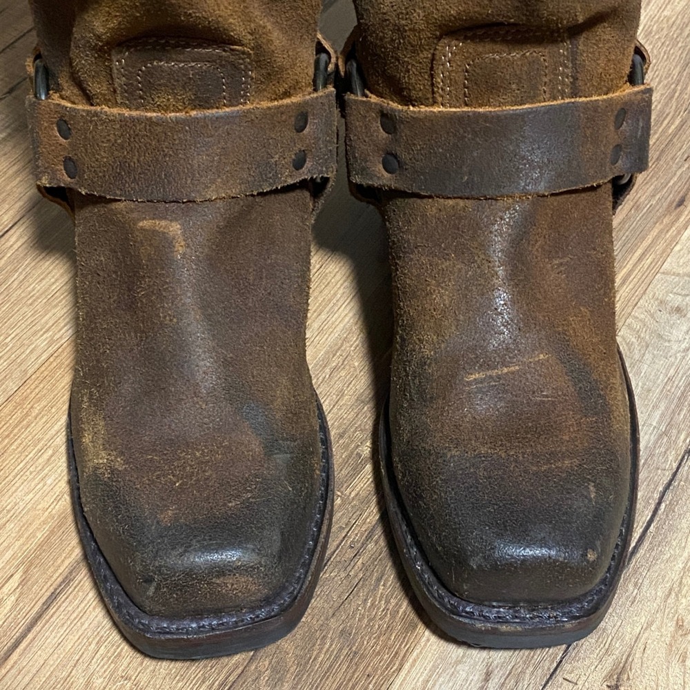 Frye Harness 12R Brown Distressed Leather Square Toe Moto Boots Women's Size 8M - Picture 4 of 10